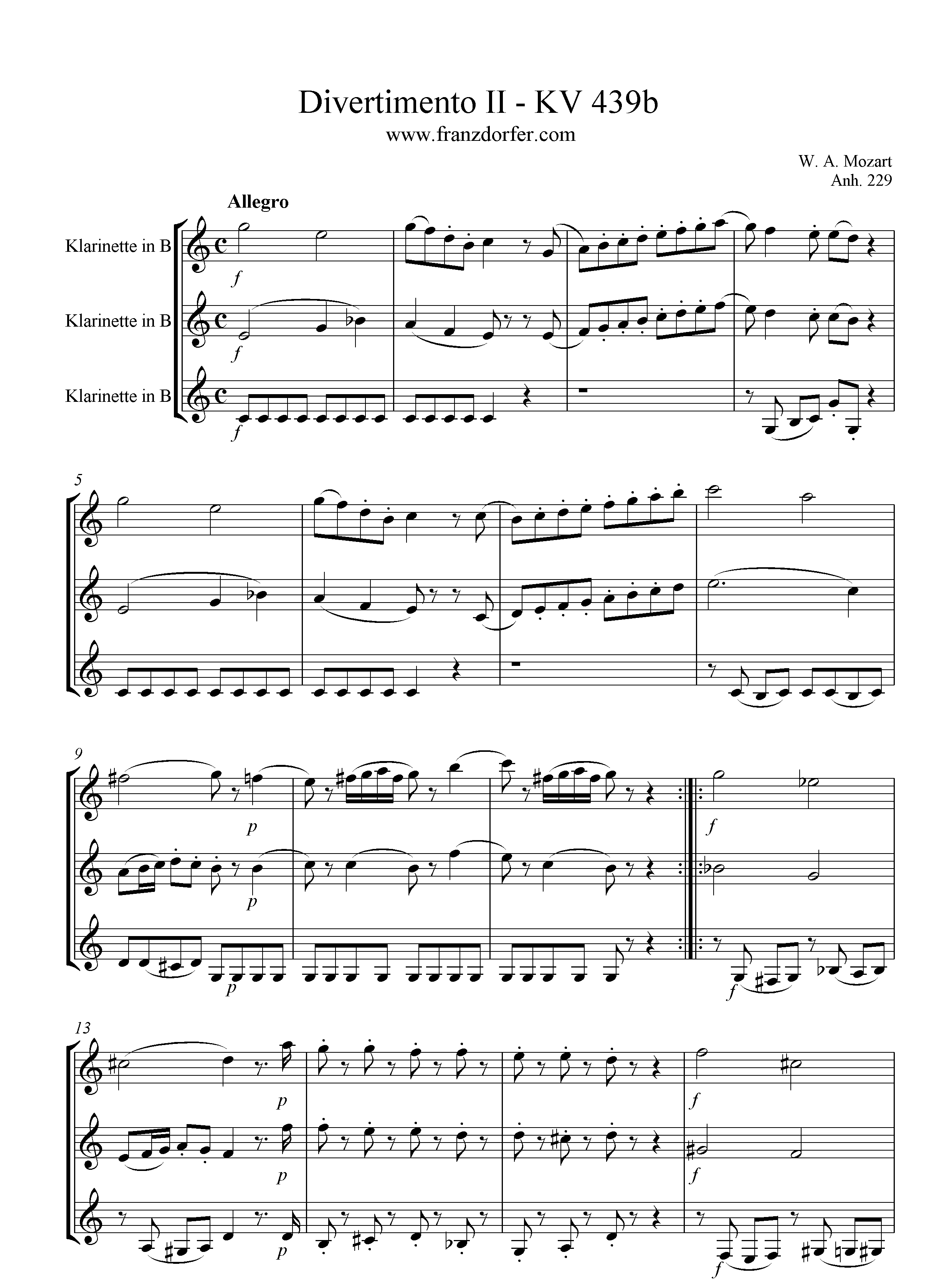 Noten, Klarinettentrio, Divertimento II, KV439b, Allegro